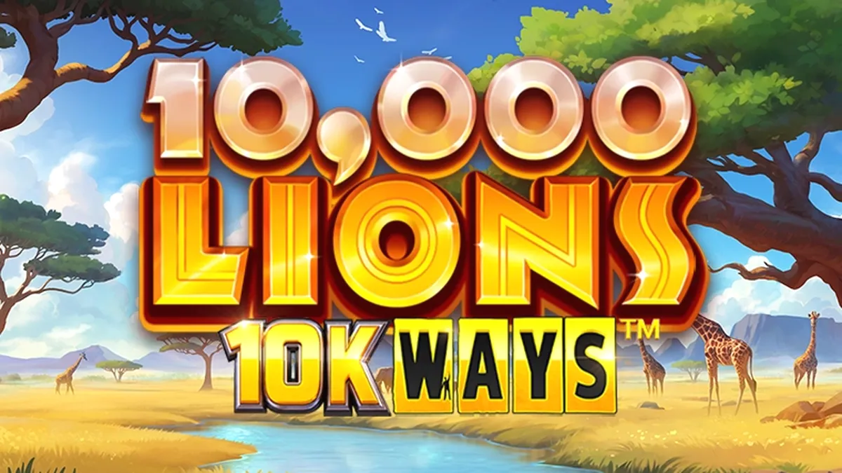Cena vibrante do slot 10,000 Lions 10K Ways com temática de savana