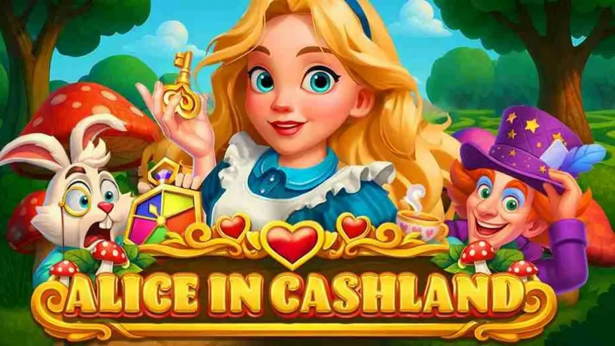 Visual vibrante e temático do slot Alice in Cashland com elementos de fantasia